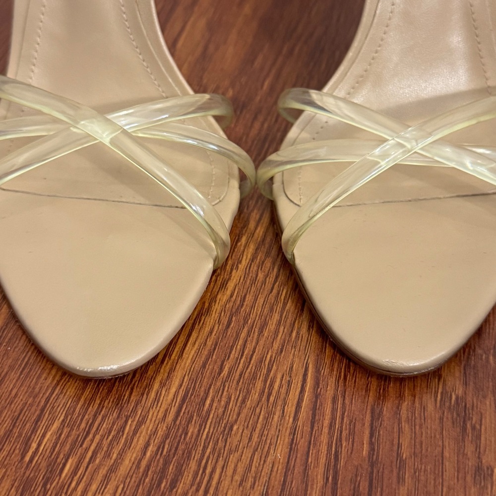 Schutz Strappy Sandal Heels 8B Clear PVC Nude Leather Stiletto Neutral Formal - Picture 4 of 9